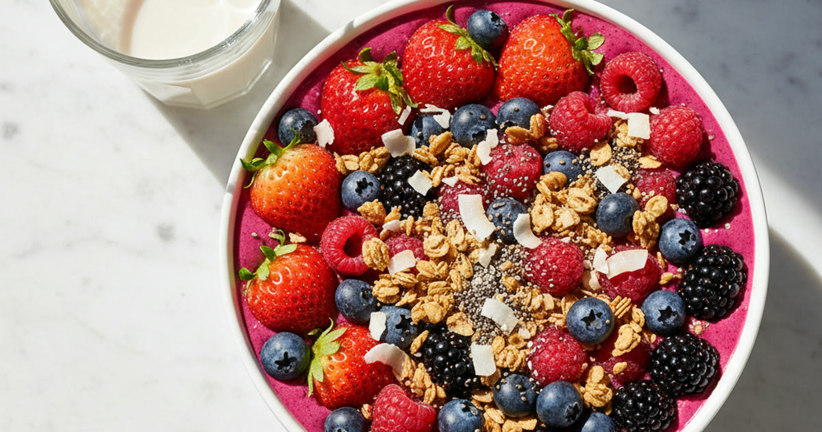 Berry plant-based smoothie bowl with fresh berries, granola, chia seeds and plant milk