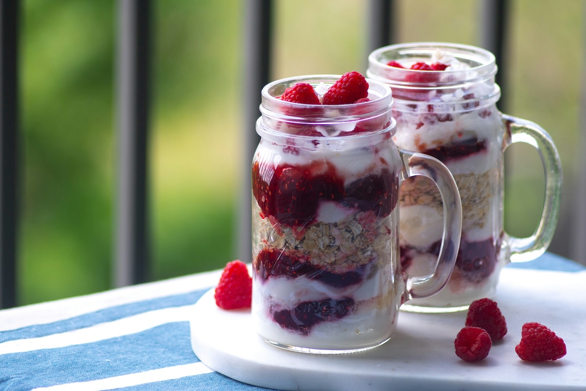 Layered overnight oats in mason jars