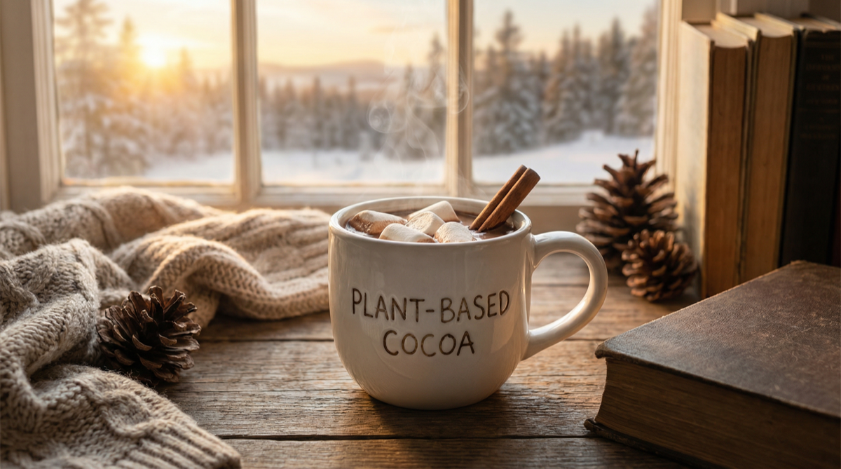 Warm and cozy plant-based hot chocolate with steam, marshmallows and cinnamon stick